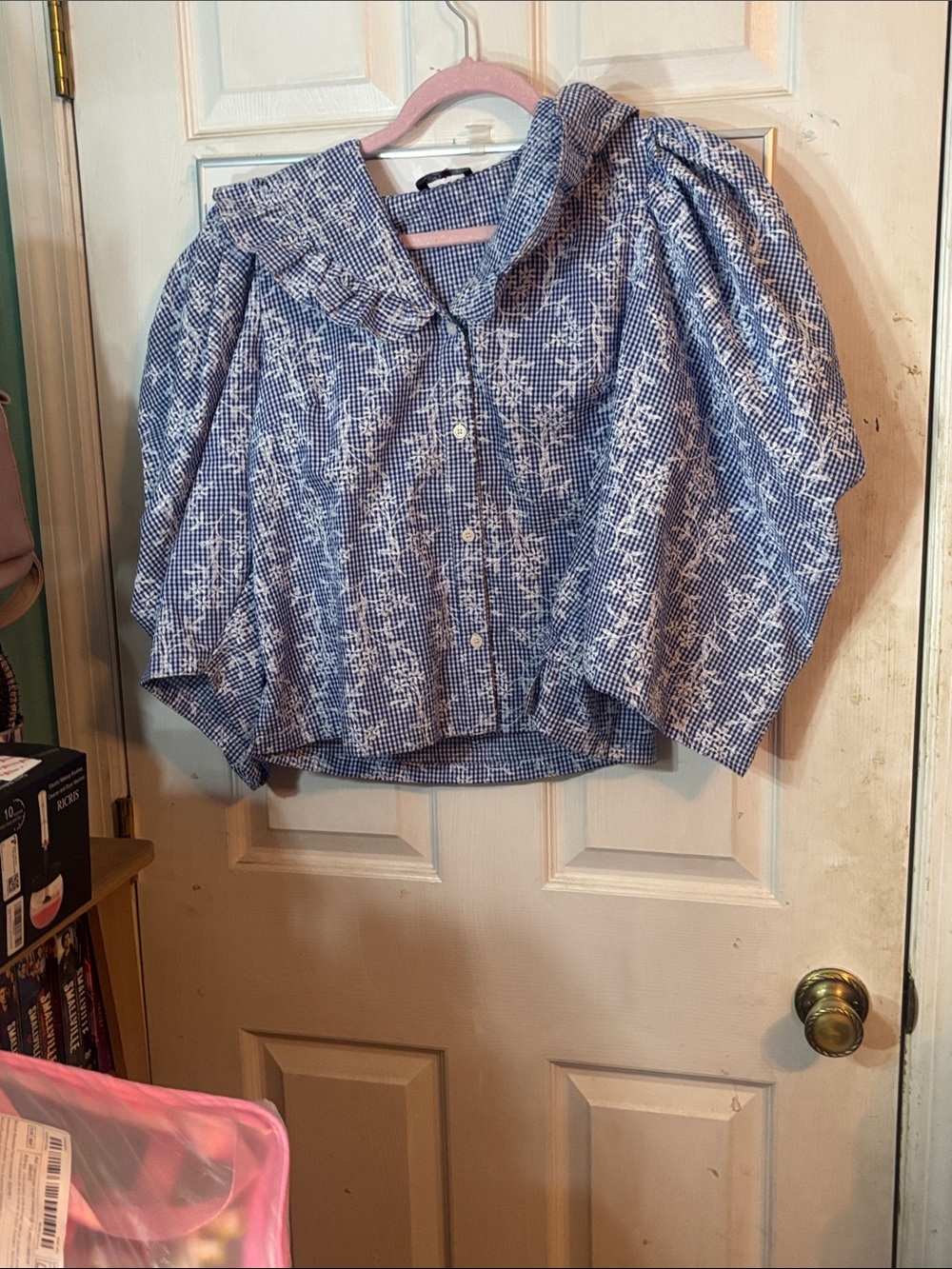 Blue Floral Button-Front Blouse with Ruffled Collar